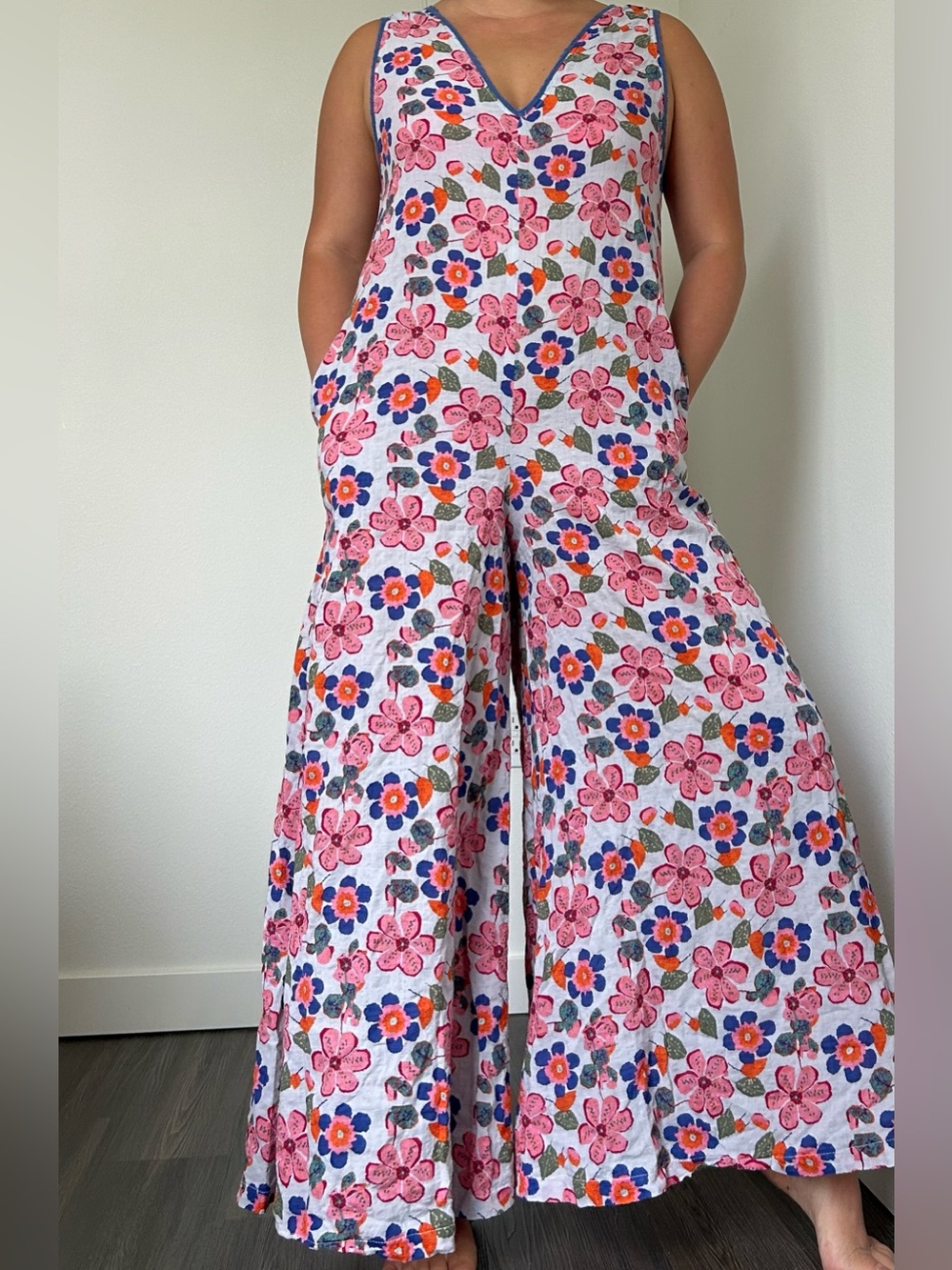 100% Cotton LUNA LLENA Floral Pink Wide-Leg Jumpsuit - L